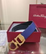 1:1 Ferragamo  Blue&Black Leather Belt  with Gold Logo buckle Copper Buckle 3.5cm